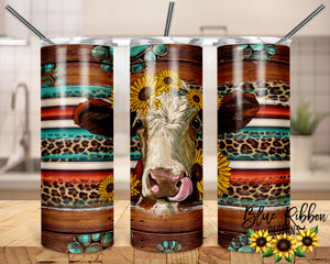 20 Ounce Skinny Stainless Double-Walled Tumbler - Brown/White Cow & Sunflowers