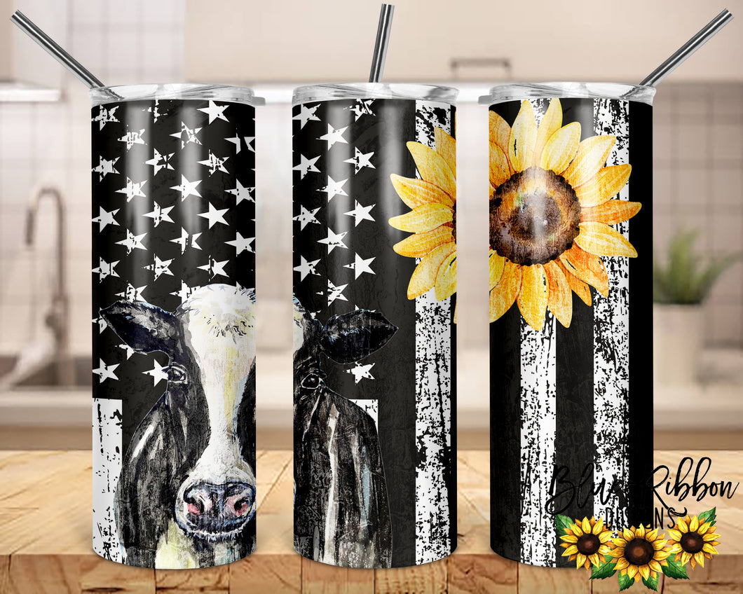 20 Ounce Skinny Stainless Double-Walled Tumbler - Cow, Flag and Sunflower