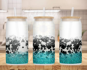 20 oz. Frosted Glass Can for Iced Coffee, Soda, Beer, etc. - Cowhide and Glitter