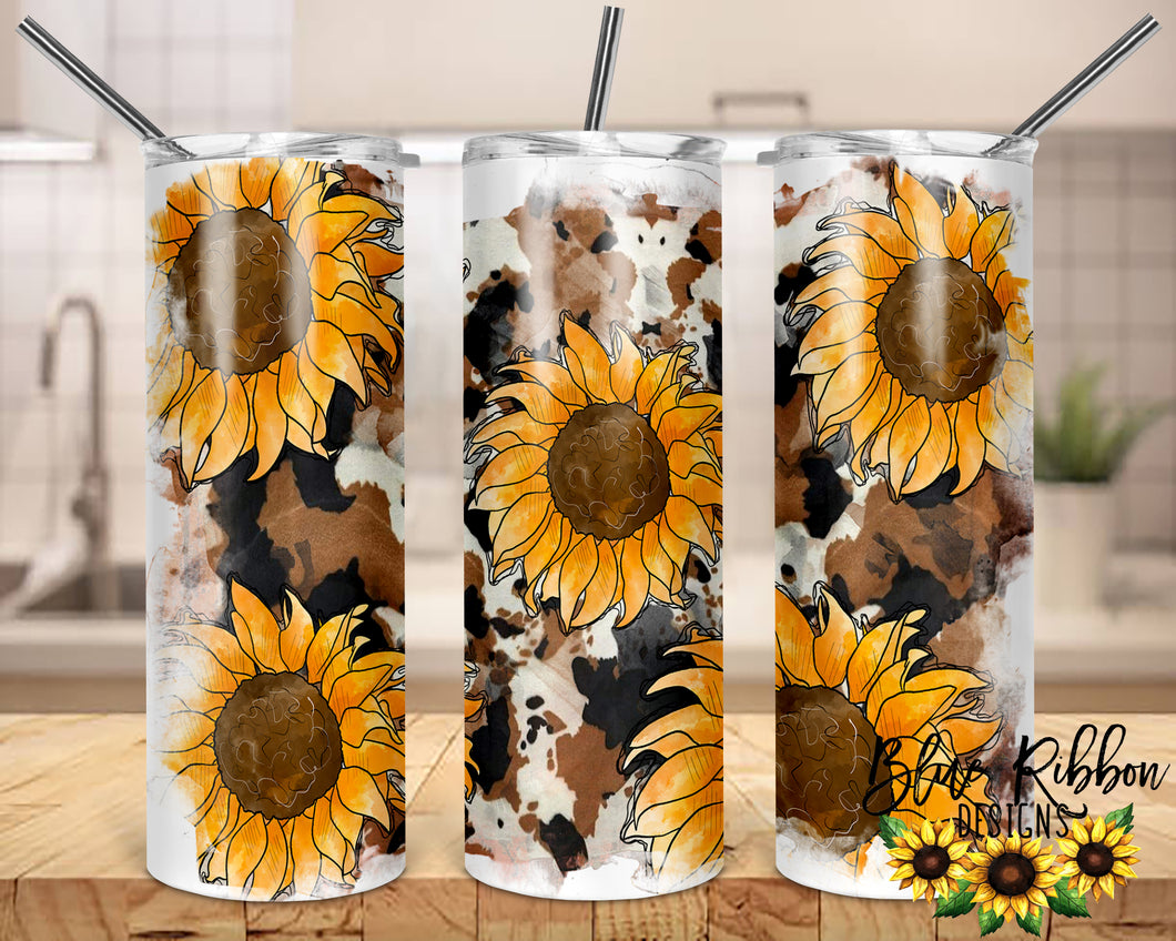 20 Ounce Skinny Stainless Double-Walled Tumbler - Cowhide & Sunflowers