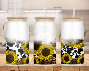 20 oz. Frosted Glass Can for Iced Coffee, Soda, Beer, etc. - Cowhide and Sunflowers