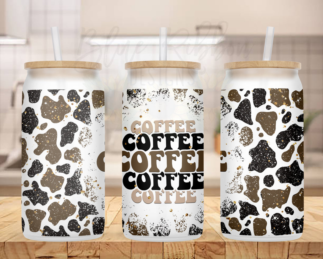 20 oz. Frosted Glass Can for Iced Coffee, Soda, Beer, etc. - Cow Print Coffee #1