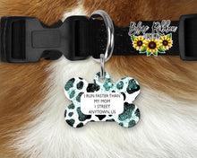 Aluminum Bone Shaped Personalized Pet Tag - Cow Print and Teal Glitter