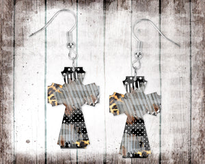 1.5" Patchwork Tin Cross Earrings
