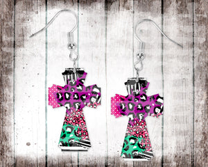 1.5" Colorful Crazy Leopard Cross Earrings
