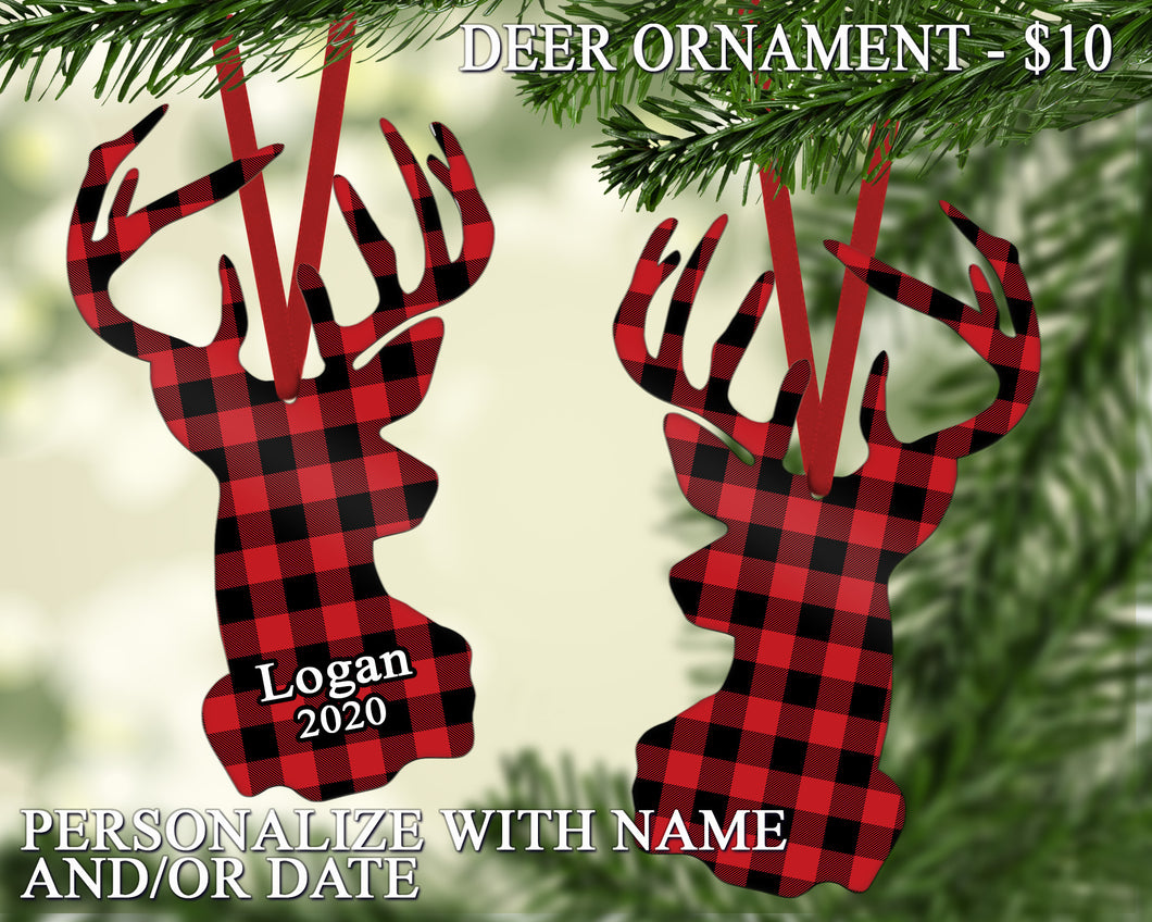 Personalized Red Buffalo Plaid Deer Ornament