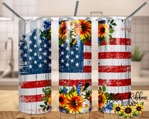 20 Ounce Skinny Stainless Double-Walled Tumbler - Distressed Flag and Sunflowers