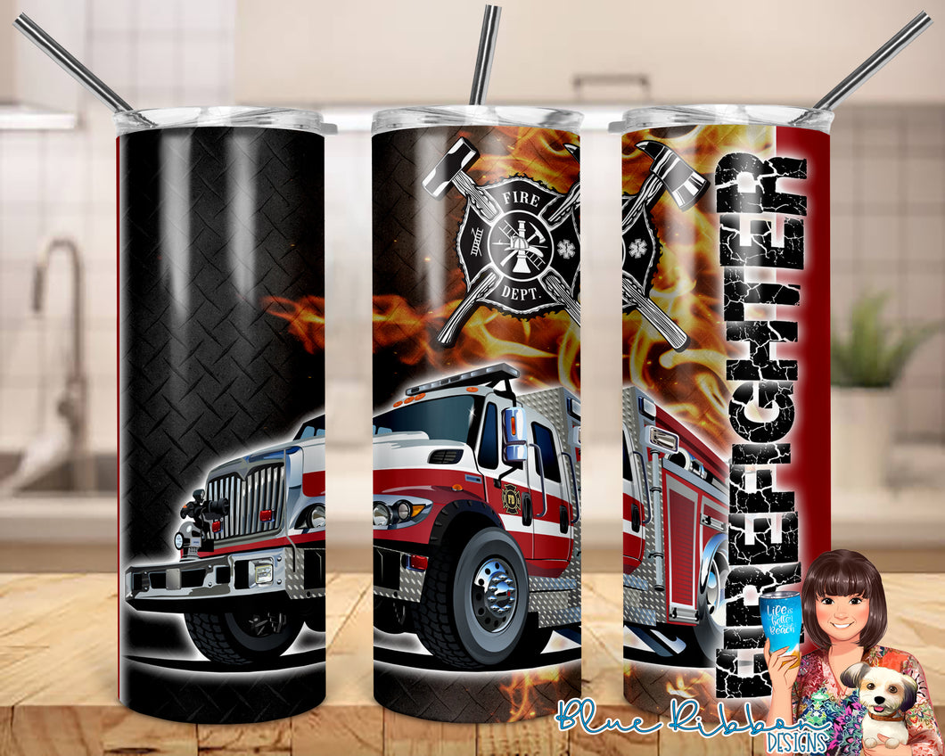 20 Ounce Skinny Stainless Double-Walled Tumbler - Firefighter w/Flames