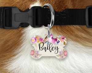 Aluminum Bone Shaped Personalized Pet Tag - Light Wood and Flowers