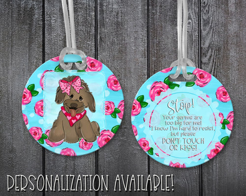 Infant Car Seat/Stroller Tag - Cute Girl Dog with Floral Background