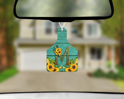 Personalized Cow Tag Auto Air Freshener - Green Barn Wood and Sunflowers