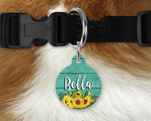Aluminum Round Pet Tag - Green Barn Wood and Sunflowers