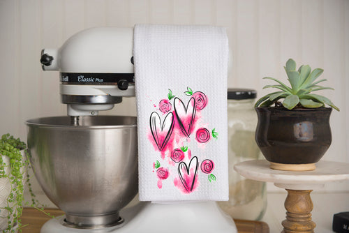 Watercolor Hearts and Roses Waffle Weave Kitchen Towel