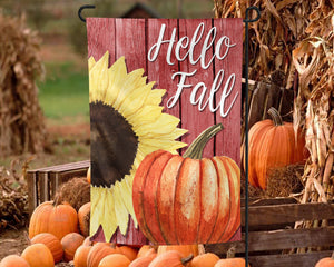 Hello Fall Pumpkin and Sunflower Red Barn Garden Flag
