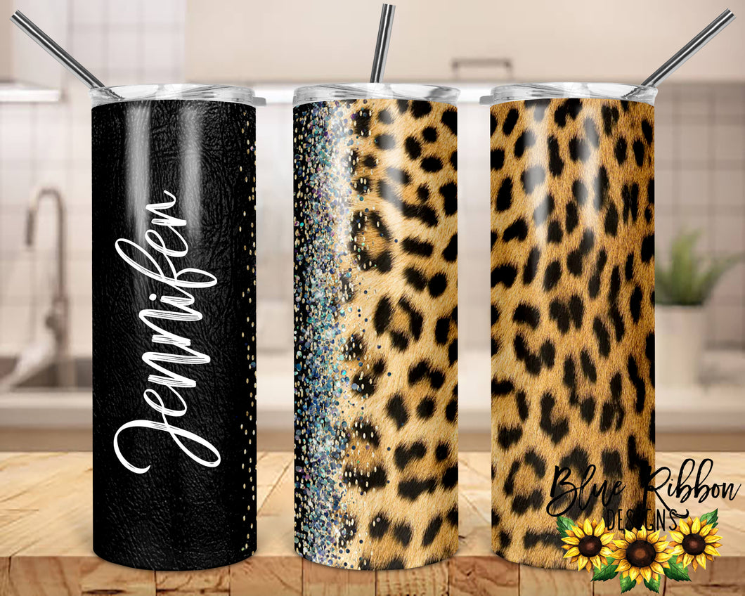 20 Ounce Skinny Stainless Double-Walled Tumbler - Leather and Leopard