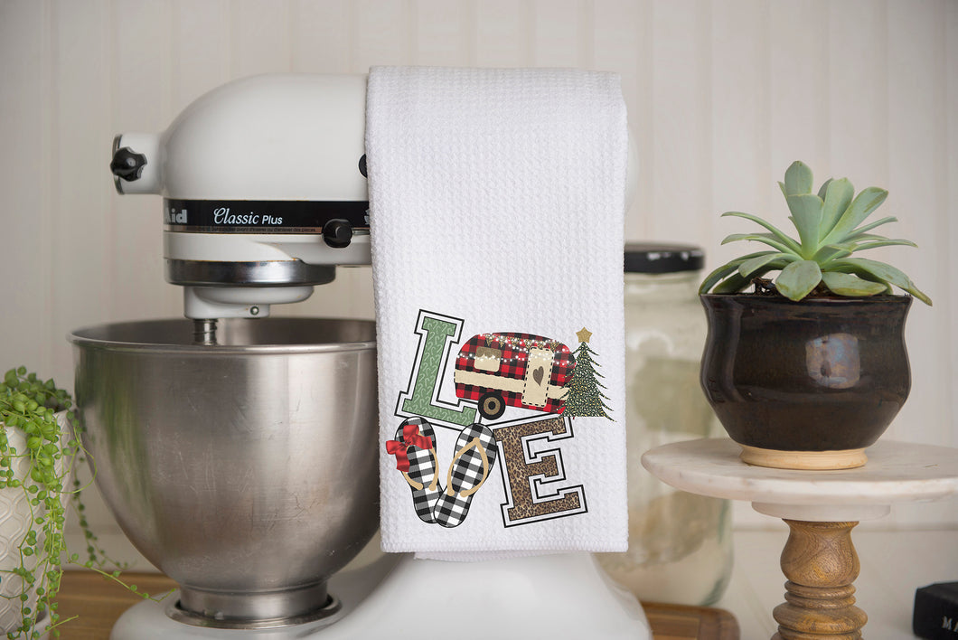 LOVE Christmas Camper with Tree Waffle Weave Kitchen Towel