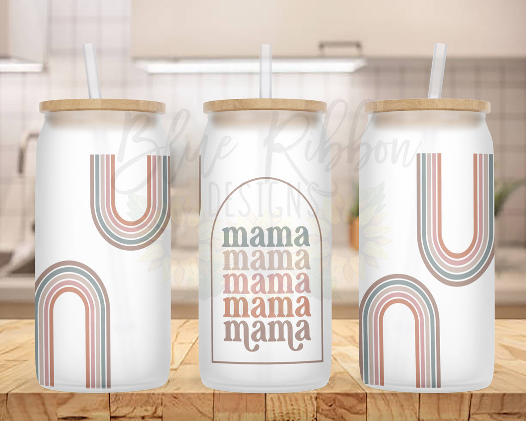 20 oz. Frosted Glass Can for Iced Coffee, Soda, Beer, etc. - Boho Stacked Mama Rainbow