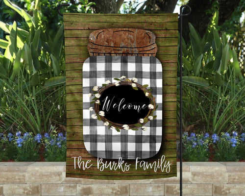 Mason Jar/Buffalo Plaid & Cotton Personalized Garden Flag