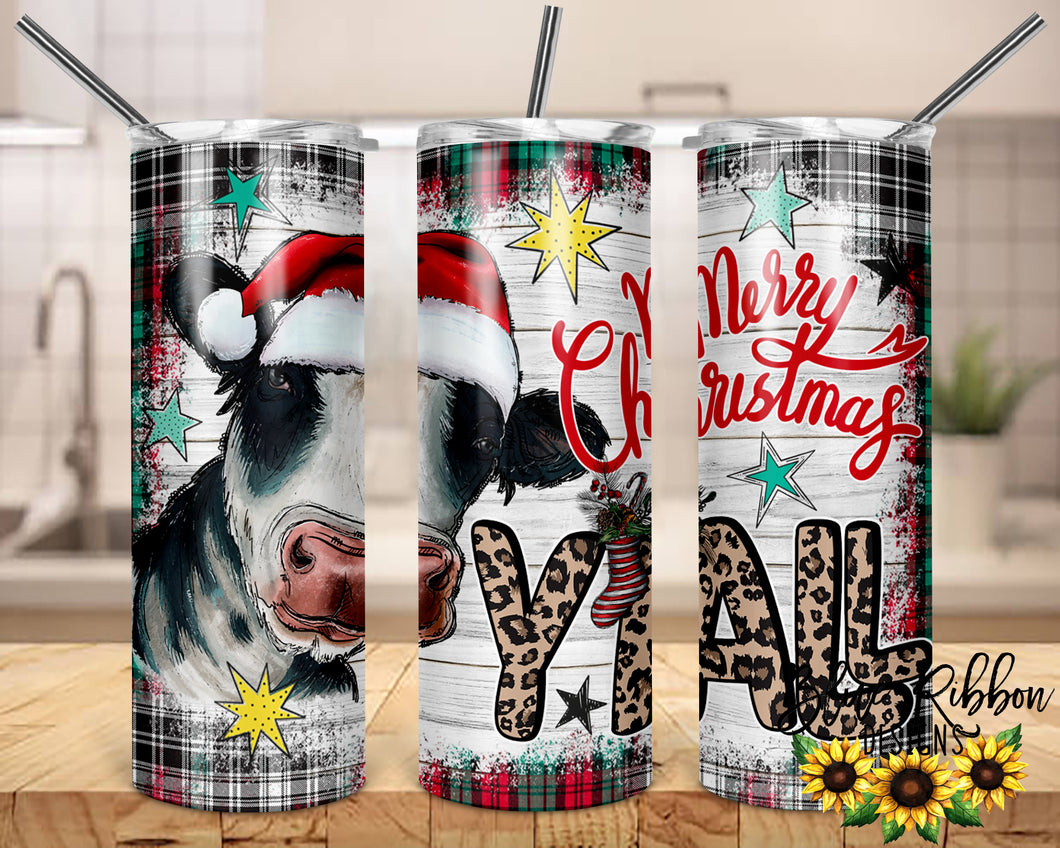 20 Ounce Skinny Stainless Double-Walled Tumbler - Merry Christmas Y'all (Cow)