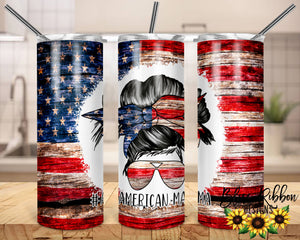 20 Ounce Skinny Stainless Double-Walled Tumbler - American Flag Messy Bun