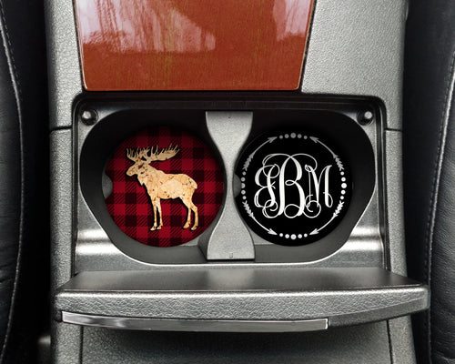 Buffalo Plaid and Cork Moose Sandstone or Rubber Car Coasters