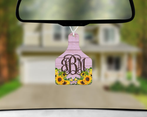 Personalized Cow Tag Auto Air Freshener - Pink Barn Wood and Sunflowers