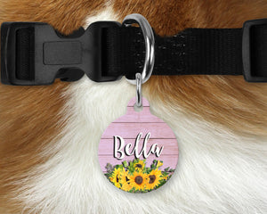 Aluminum Round Pet Tag - Pink Barn Wood and Sunflowers