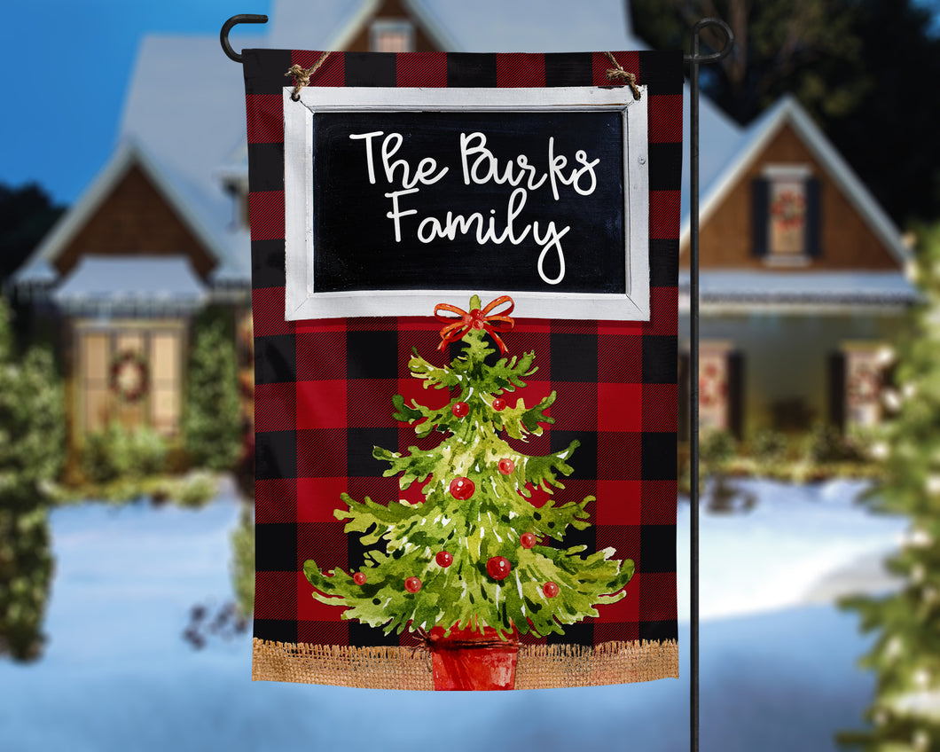 Plaid Chalkboard & Christmas Tree Personalized Garden Flag
