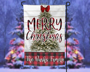 Merry Christmas Tree & Buffalo Plaid Personalized Garden Flag