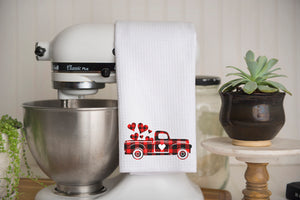 Buffalo Plaid Truck With Hearts Waffle Weave Kitchen Towel