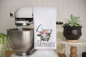 Queen of the Farmhouse Cow Waffle Weave Kitchen Towel