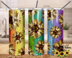 20 Ounce Skinny Stainless Double-Walled Tumbler - Rainbow Leopard Sunflower