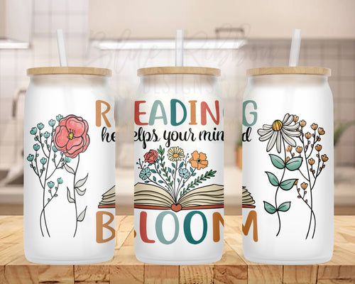 20 oz. Frosted Glass Can for Iced Coffee, Soda, Beer, etc. - Reading Helps Your Mind Bloom
