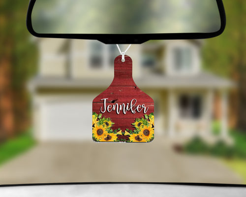 Personalized Cow Tag Auto Air Freshener - Red Barn Wood and Sunflowers