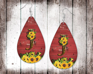 Red Barn Wood & Sunflowers Initial Teardrop Earrings