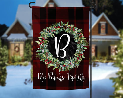 Monogram Wreath Christmas Personalized Garden Flag