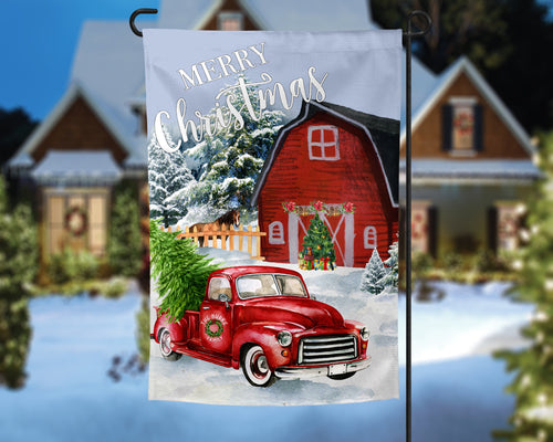 Red Truck and Barn Christmas Personalized Garden Flag