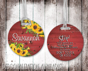 Infant Car Seat/Stroller Tag - Red Barn Wood and Sunflowers