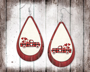 Red Barn Wood & Buffalo Plaid Truck Valentine Teardrop Earrings