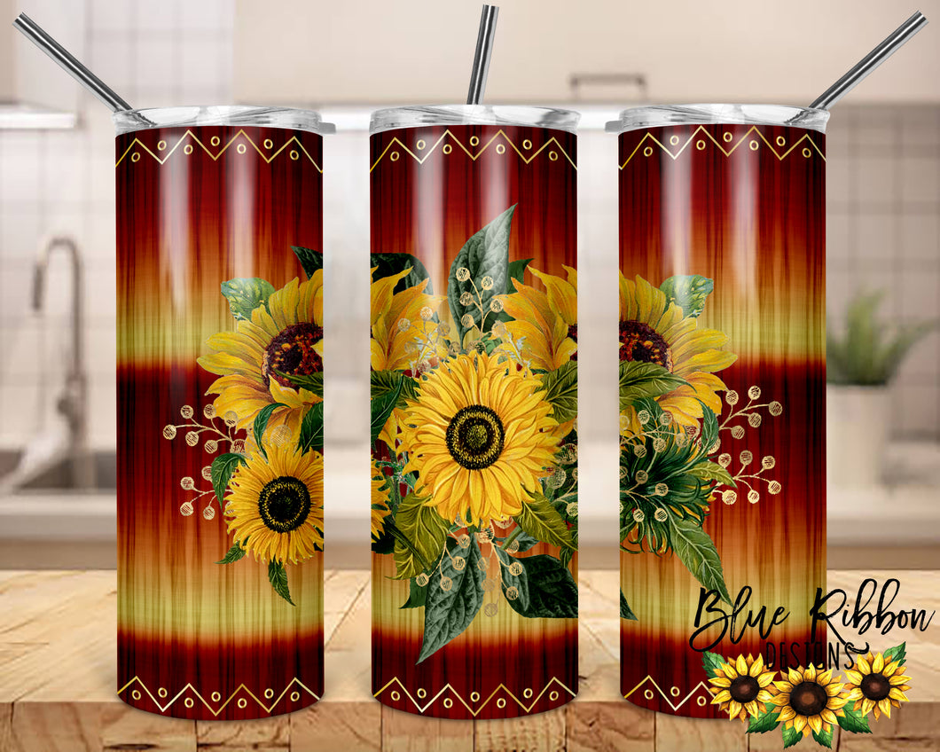 20 Ounce Skinny Stainless Double-Walled Tumbler - Sunflowers w/Red Background