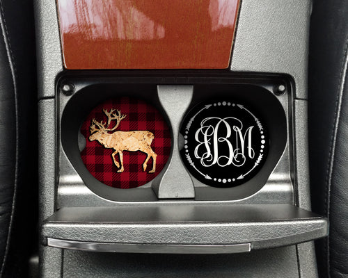 Buffalo Plaid and Cork Reindeer Sandstone or Rubber Car Coasters