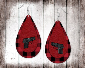 Handgun and Red Buffalo Plaid Teardrop Earrings