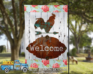 12X18" Single or Double Sided Rusty Rooster & Floral Garden Flag