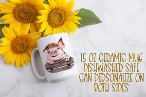 Cute Pig with Sunflowers 15 Ounce Ceramic Mug