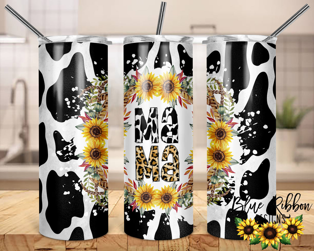 20 Ounce Skinny Stainless Double-Walled Tumbler - Sunflower Cow Print Mama