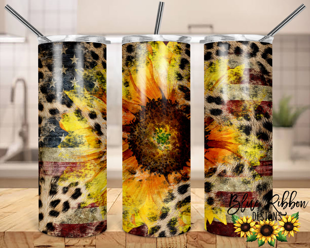 20 Ounce Skinny Stainless Double-Walled Tumbler - Sunflower and Flag