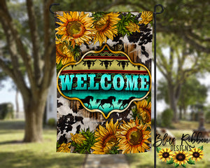 12X18" Single or Double Sided Boho Sunflowers, Cowhide and Horses Garden Flag