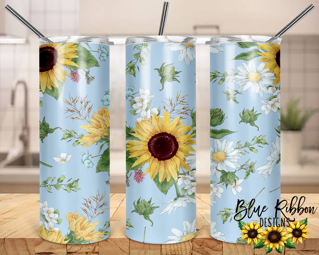 20 Ounce Skinny Stainless Double-Walled Tumbler - Sunflowers w/Blue Background