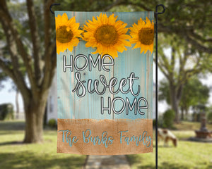 Home Sweet Home Blue Wood & Sunflowers Personalized Garden Flag