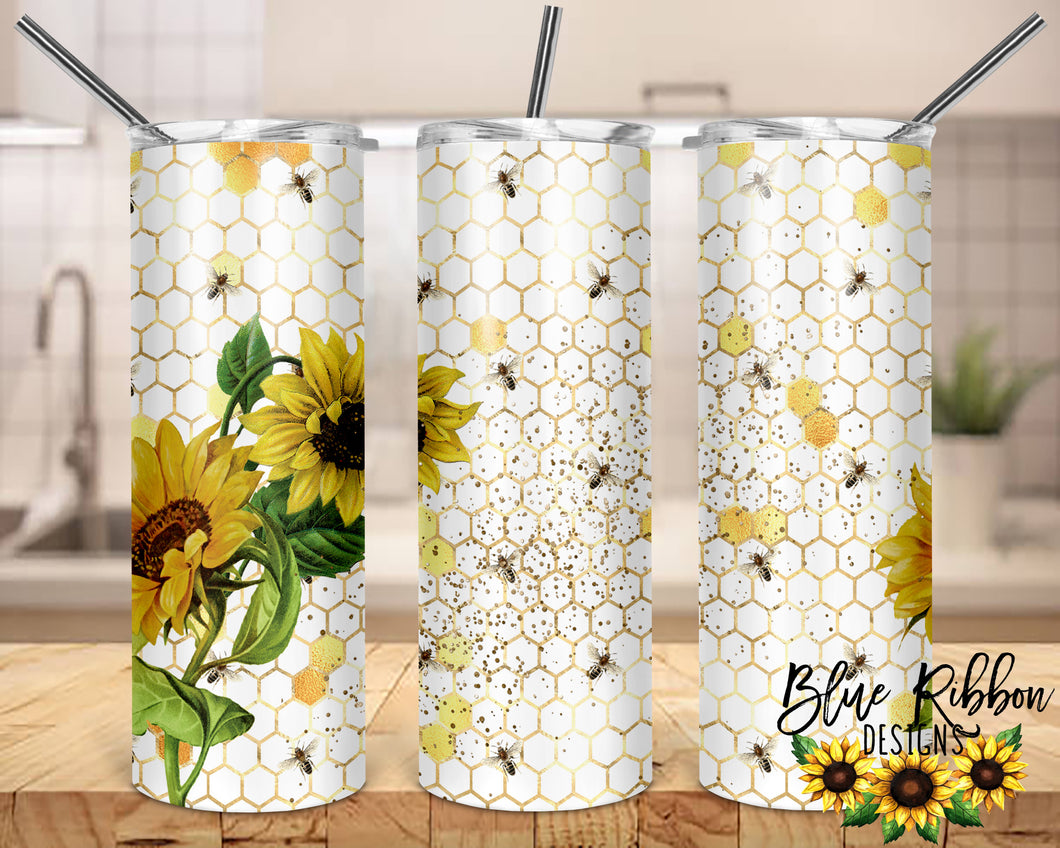 20 Ounce Skinny Stainless Double-Walled Tumbler - Sunflowers & Bees